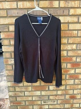 Women's Black V-Neck Cardigan with White Contrast Trim